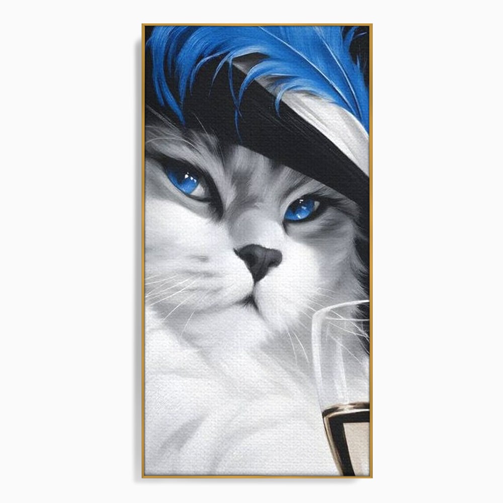 Tablou canvas cu tablou canvas cu pisica aristocrata si palarie, in rama de aluminiu auriu